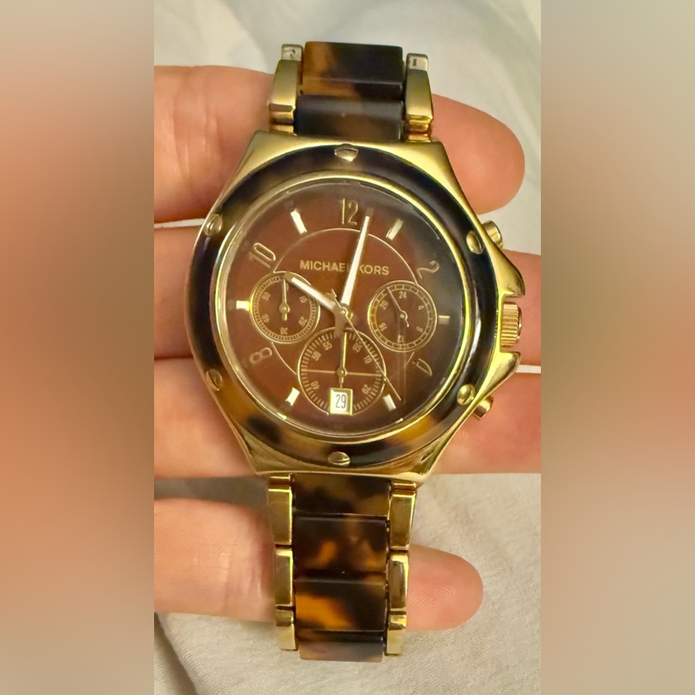 Michael Kors tortoiseshell and brass chronograph watch